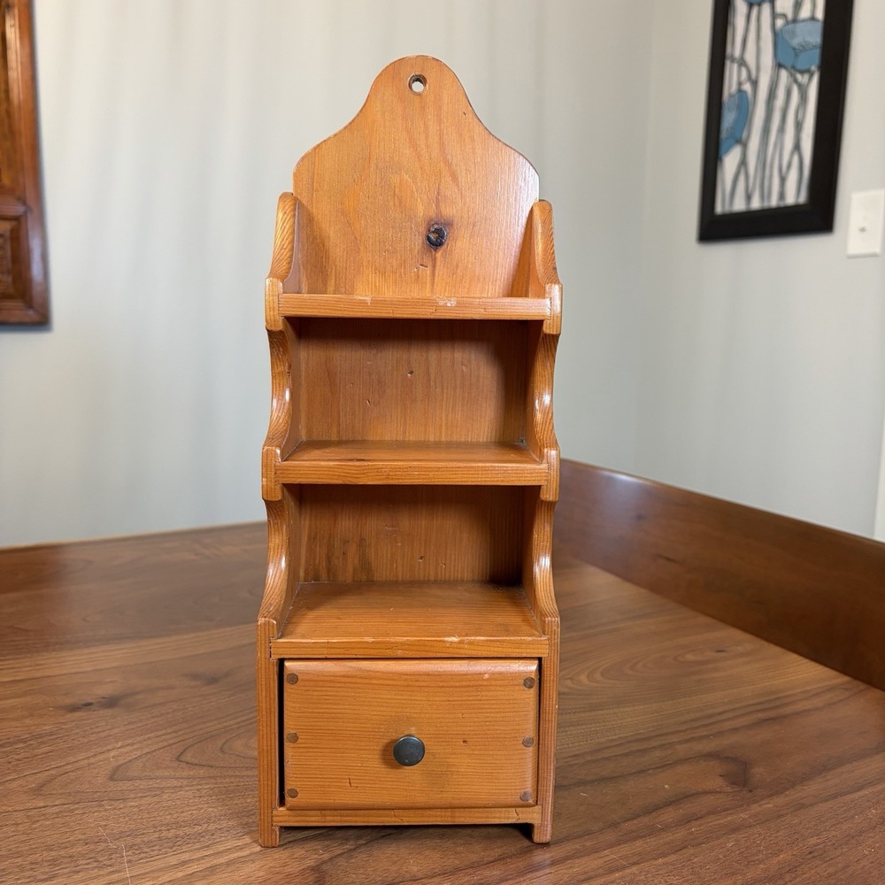 Vintage 1970's Wood Shelf w/ Drawer Spice Knick Knack Farm Cottage Rack Cabinet